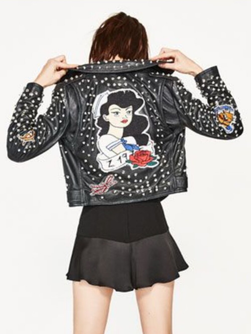Zara Leather Studded Patch Biker Jacket Sheep Leather Moto